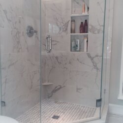 Glass corner shower in Arlington, VA remodeled bathroom