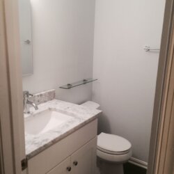 Remodeled bathroom with gray sink