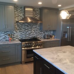 Modern kitchen with matchstick tile backsplash