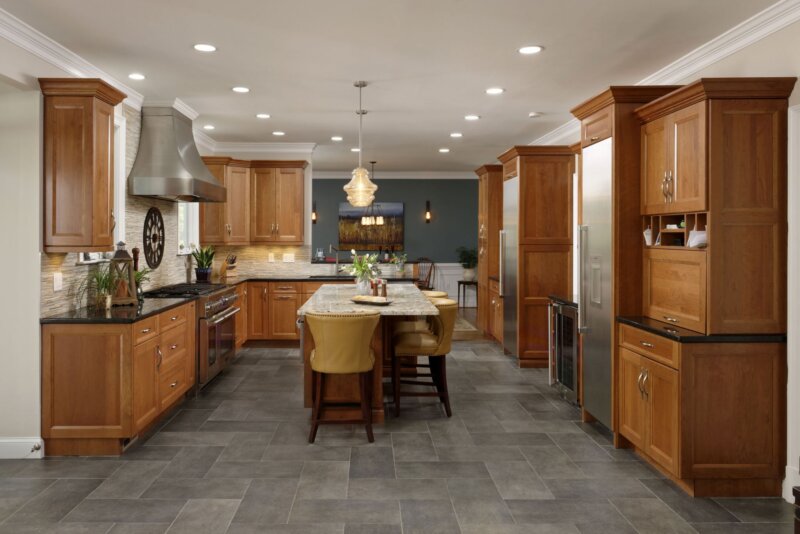 Wide shot of open floor plan remodeled kitchen