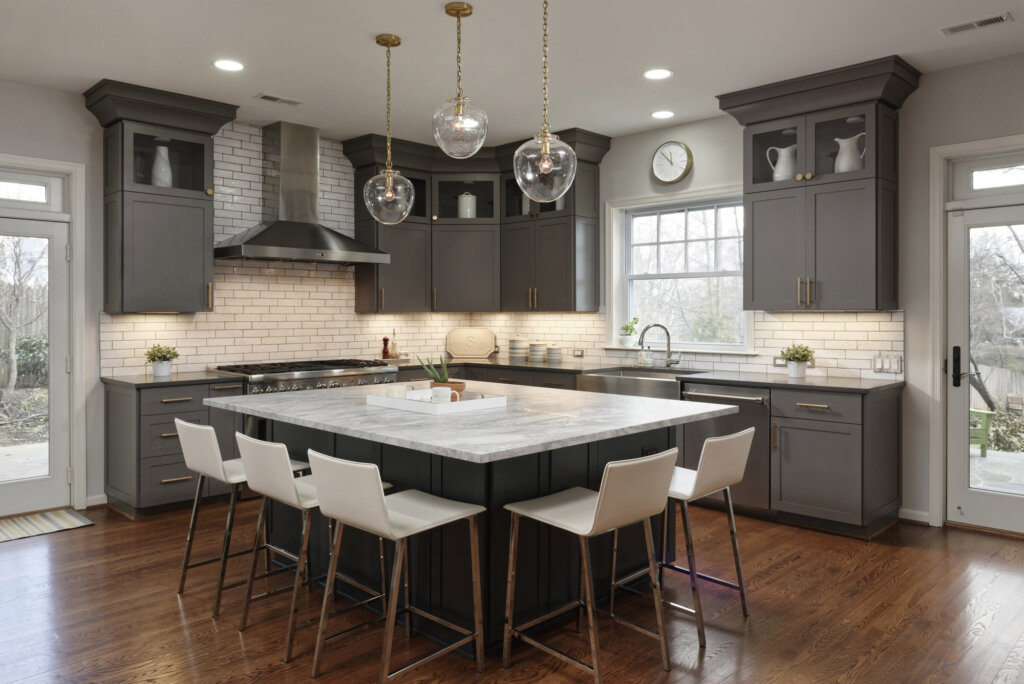 Kitchen with white marble topped island