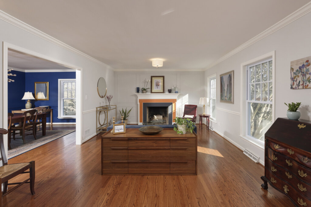 The Living room with fireplace in an Arlington VA whole house remodel