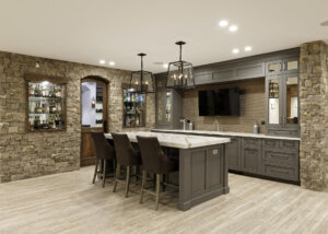 finished basement with stone walls, wet bar and wine cellar