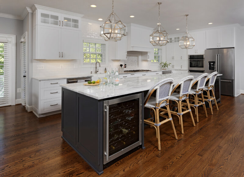 white custom kitchen with large island