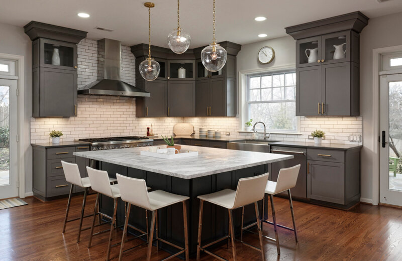 glass-front gray kitchen cabinets