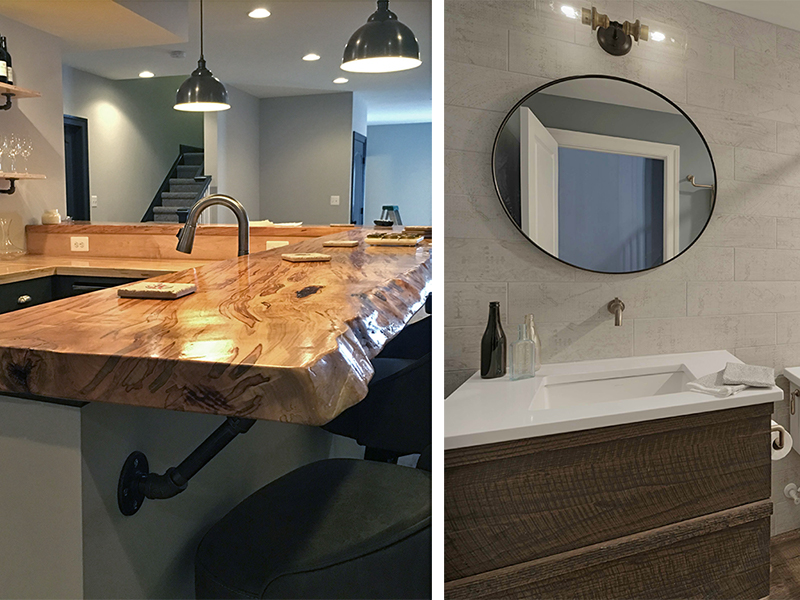 Natural edge bar and rustic wood bathroom vanity