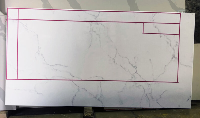 Countertop slab with red outline