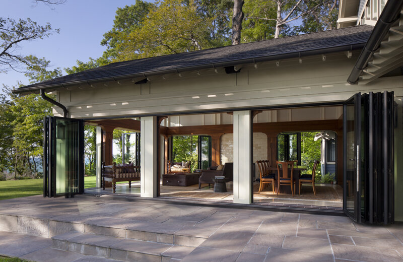 Folding glass panel patio doors