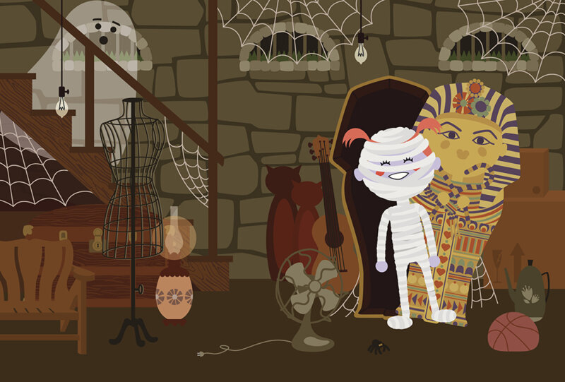 cluttered basement of a haunted old house